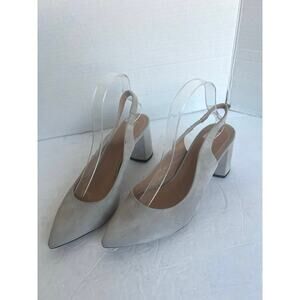 Lewit Suede Gray Leather Slingback Chunky Block Pointed Toe Pump Sandal Shoe 9.5